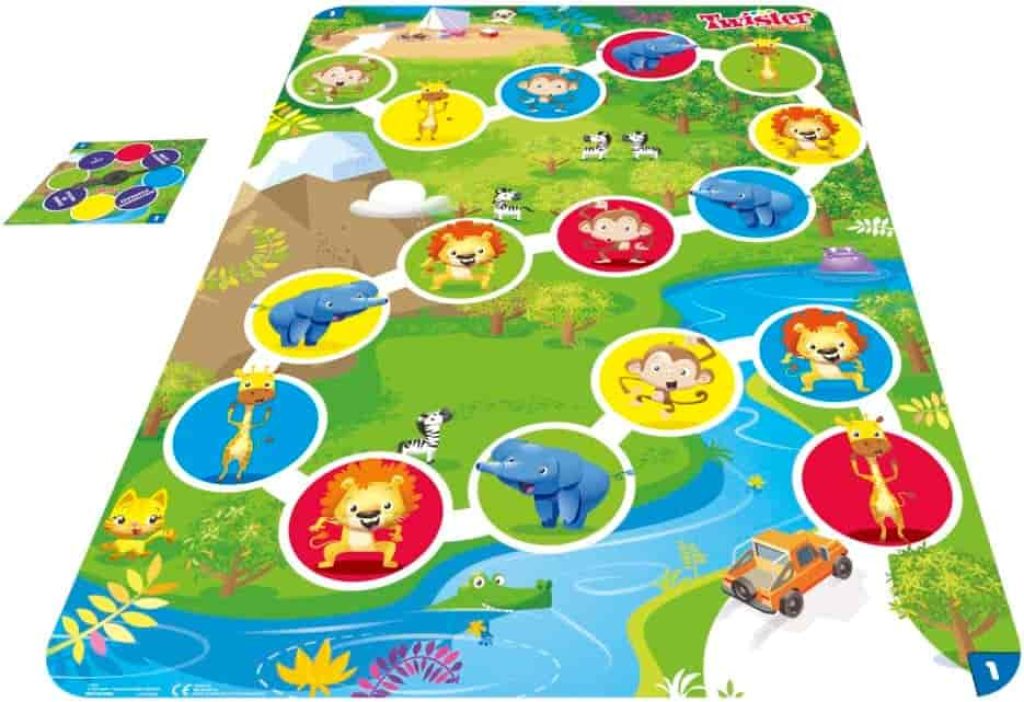 Juego Twister Junior, Alfombra Reversible Aventura de la Selva, 2 Juegos en 1, Juego de Grupo de Interior para 2 a 4 Jugadores
