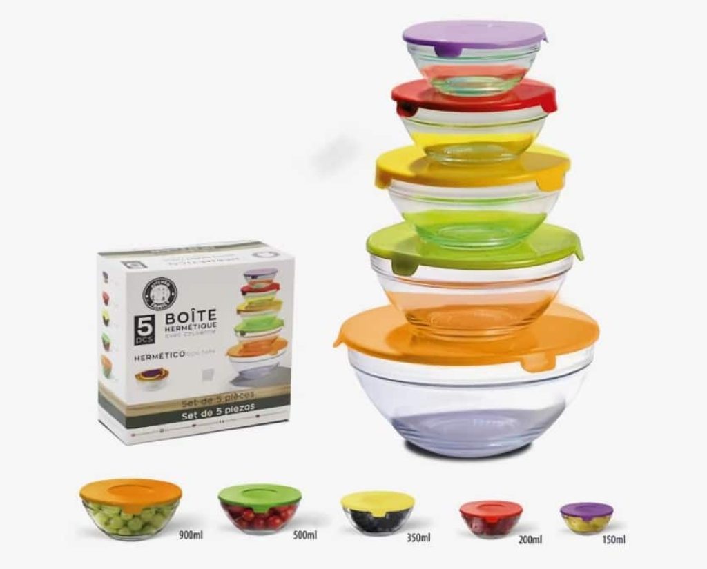 Juego de 5 Cuencos de Cristal con Tapa, Ensaladeras, Tupper redondos cristal​ hermeticos - MAXHOME