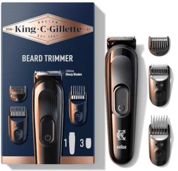 King C. Gillette Kit De Recortadora De Barba Inalámbrica Para Hombre Con Hojas Siempre Afiladas Y 3 Peines Intercambiables, Máquinilla de afeitar