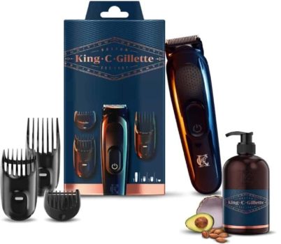 King C. Gillette Recortadora de Barba y Cortapelos Inalámbrica, con Cuchillas y 3 Peines Intercambiables + Gel para Barba y Rostro con Agua de Coco, Aceite de Argán y Aceite de Aguacate, 350 ml