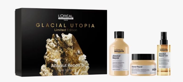L’Oréal Professionnel | Cofre Glacial Utopía Trio Champú + Mascarilla + Aceite Absolut Repair para Cabello Dañado y Seco