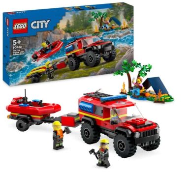 Lego City Camión de Bomberos 4x4 con Barco de Rescate de Juguete para Niños y Niñas de 5 Años o Más, Lancha Motora, Remolque, Tienda de Campaña y Minifiguras de Excursionista y 2 Bomberos 60412