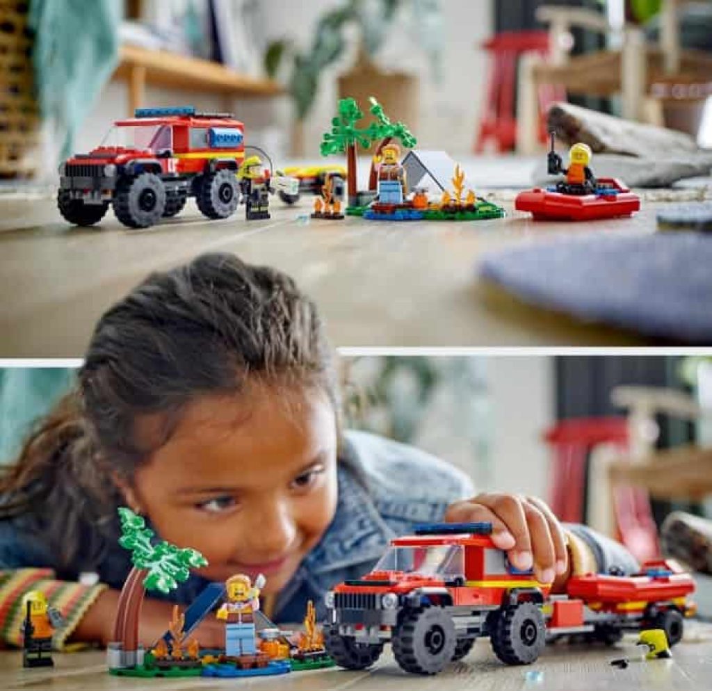 Lego City Camión de Bomberos 4x4 con Barco de Rescate de Juguete para Niños y Niñas de 5 Años o Más, Lancha Motora, Remolque, Tienda de Campaña y Minifiguras de Excursionista y 2 Bomberos 60412