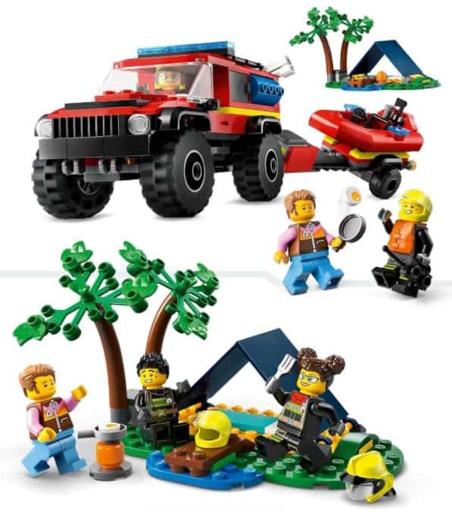 Lego City Camión de Bomberos 4x4 con Barco de Rescate de Juguete para Niños y Niñas de 5 Años o Más, Lancha Motora, Remolque, Tienda de Campaña y Minifiguras de Excursionista y 2 Bomberos 60412