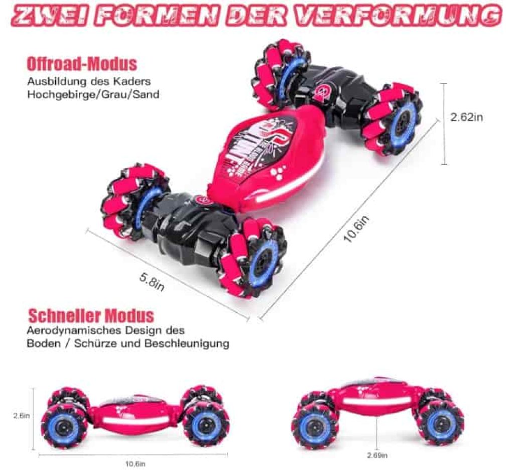 Ltteaoy Coche Acrobático RC con Sensor de Gestos para Niños, con Control Remoto de Doble Cara 2.4GHz y Giros de 360 Grados, Luces y Música. Regalo para Niños y Niñas Mayores de 6 Años(Rojo)