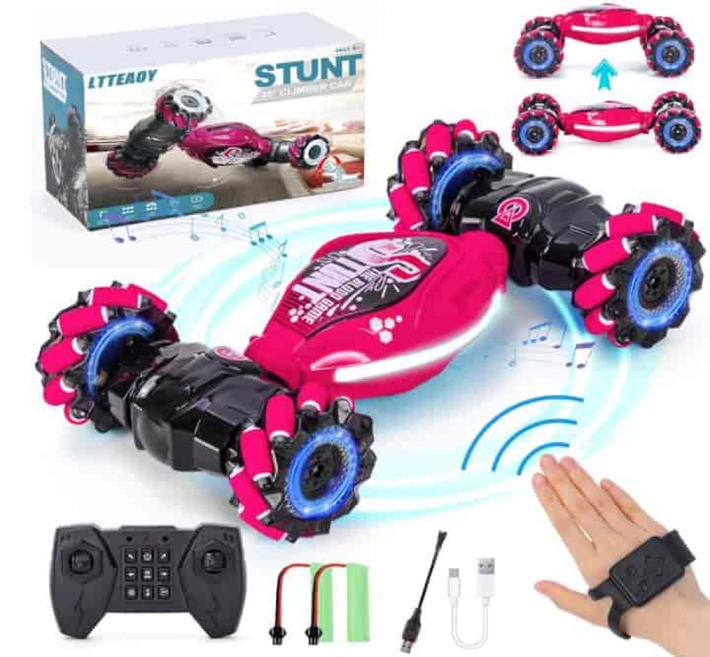 Ltteaoy Coche Acrobático RC con Sensor de Gestos para Niños, con Control Remoto de Doble Cara 2.4GHz y Giros de 360 Grados, Luces y Música. Regalo para Niños y Niñas Mayores de 6 Años(Rojo)