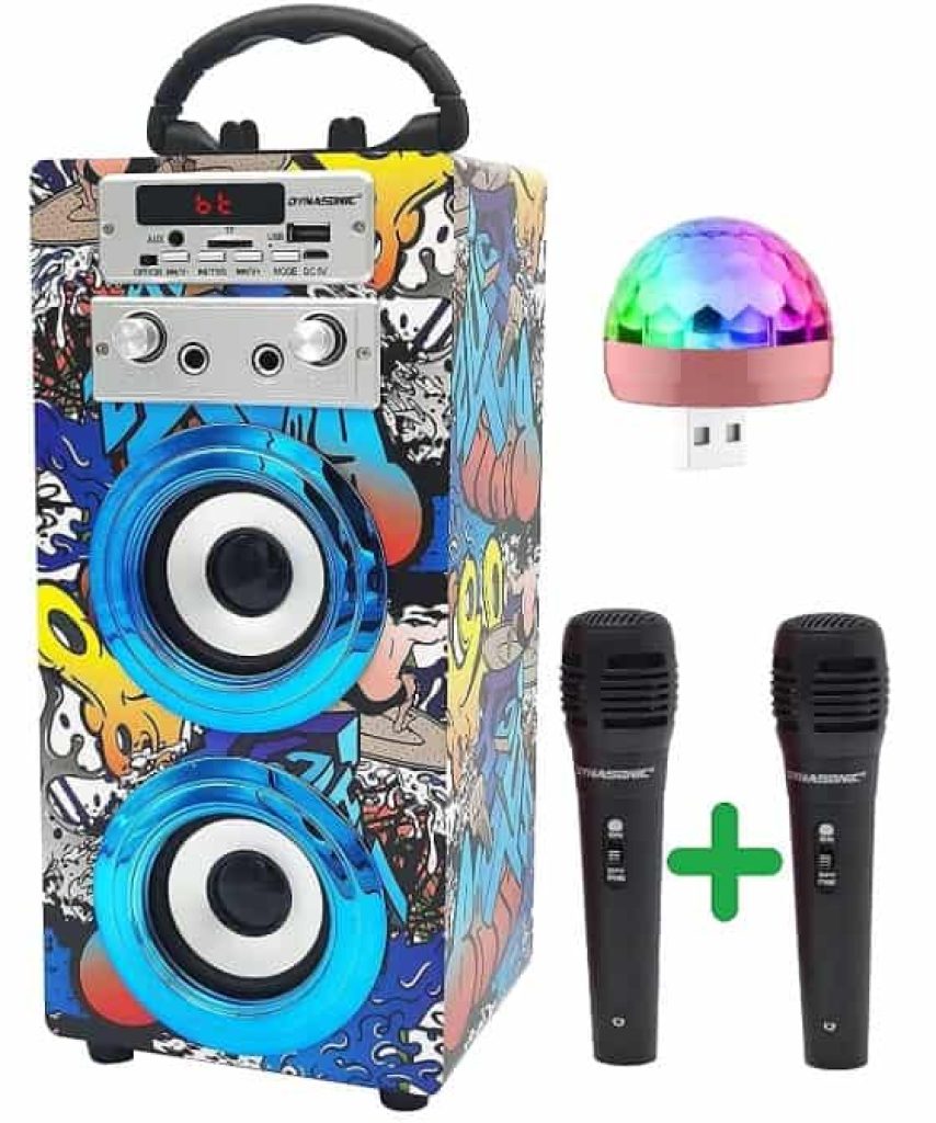 Máquina de Karaoke Portátil DYNASONIC, Altavoz Karaoke con 2 Micrófonos, Altavoz Bluetooth, Luz USB incluida, Lector USB y SD, diseño Exclusivo, Regalo Original (025-16 luz)
