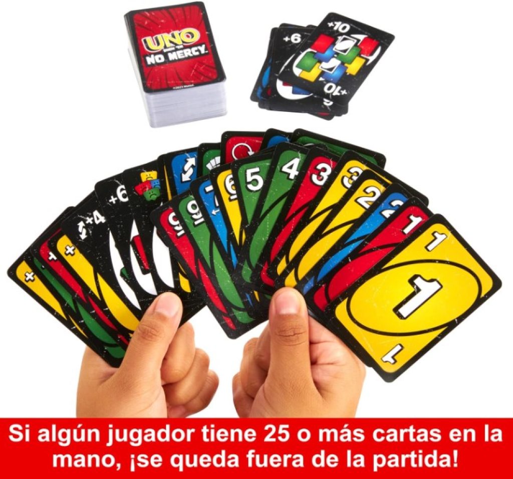 Mattel Games UNO No Mercy, Juego de Cartas con Cartas adicionales, Juguete Regalo para niños y niñas +7 años, HXT57