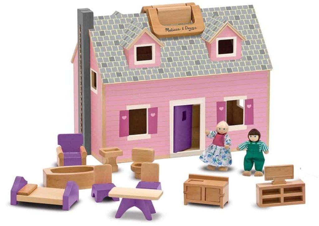 Melissa & Doug Casita de muñecas plegable y portátil con accesorios y 2 figuras, Juguete de madera, Juguetes de simulación, Montessori, Juego creativo , Regalo para niños y niñas de 3 4 5 6 años