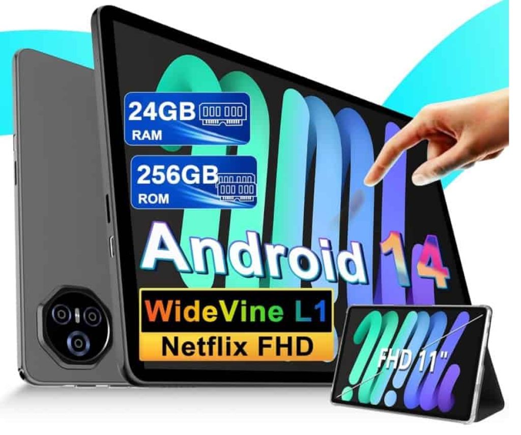2025 Newest Tablet 11 Pulgadas Android 14 Tablets, 24GB RAM+256GB ROM (2TB TF), FHD IPS, Octa-Core, UFS 2.2 Flash, 8000mAh, 5MP+13MP, Dual WiFi, BT 5.0, Widevine L1, Face ID, Con Carcasa MetÃlica-Gris