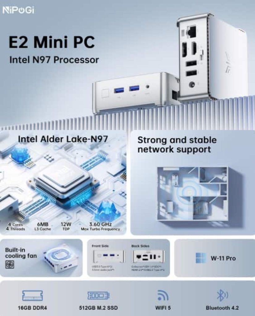 NiPoGi E2 Mini PC W-11 Pro,Ιntel Alder Lake N97(hasta 3.6GHz,15W TDP),16GB DDR4/512GB M.2 SSD, Mini Computadora para Negocios/Escuela