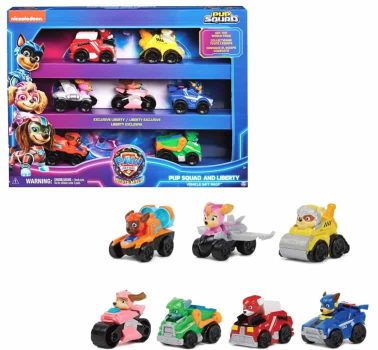PATRULLA CANINA - LA SUPERPELÍCULA - Pack Patrulla Canina 7 Figuras de los Pup Squad Racers - con un Coche de Juguete Inédito de Liberty Patrulla Canina - 6067861 - Juguetes Niños 3 Años +