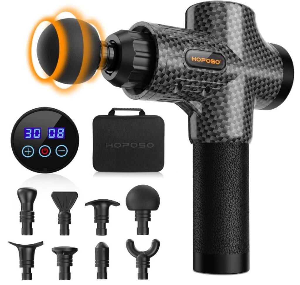 Pistola de Masaje Muscular, Eléctrica Masajeador de Músculos de Tejido Profundo Hasta 4800 RPM, 30 Velocidades, 8 Cabezales de Masaje, Pantalla LCD Táctil, Carga Tipo-C(Negro Carbón)