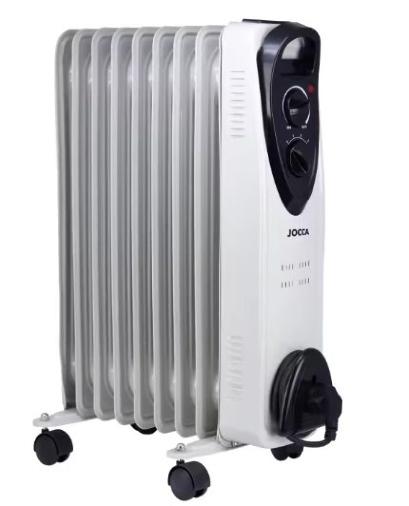 Radiador de aceite Jocca: no necesita instalación, silencioso, desprende un calor homogéneo, suave y progresivo, termostato regulable con 3 niveles de potencia, protección contra sobrecalentamiento, 4 ruedas , asa y recoge cable para fácil traslado