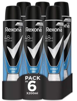Rexona Desodorante Aerosol Antitranspirante para hombre Cobalt Dry 200ml - Pack de 6, El embalaje puede variar