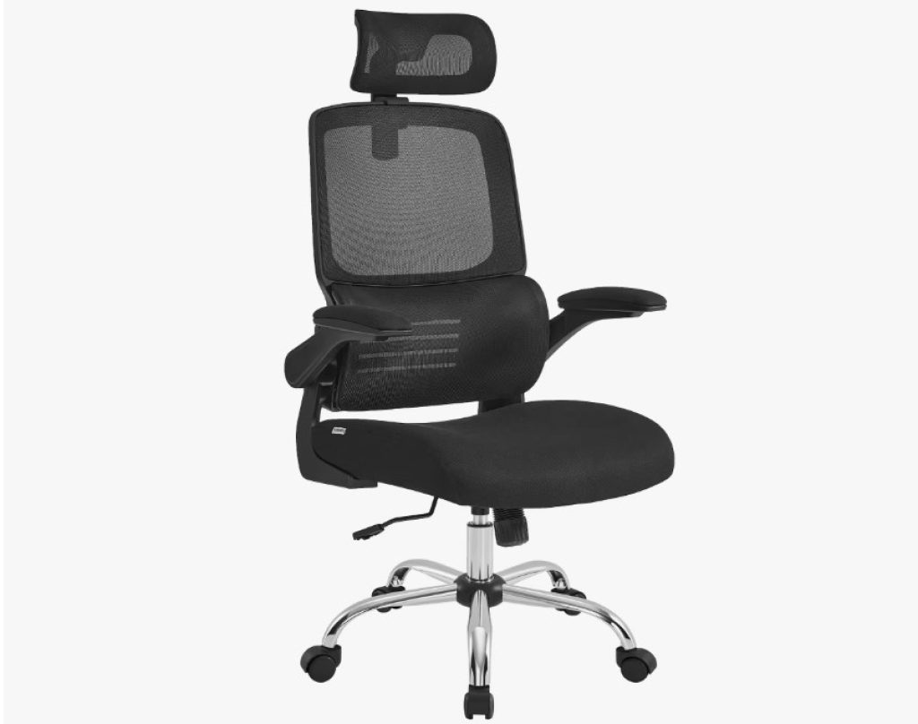 SONGMICS Silla Ergonómica de Oficina, Silla de Escritorio, Silla de Malla, Respaldo Alto, Reposabrazos Abatibles, Soporte Lumbar, Reposacabezas Ajustable, Inclinable, Negro Tinta/ Gris Paloma