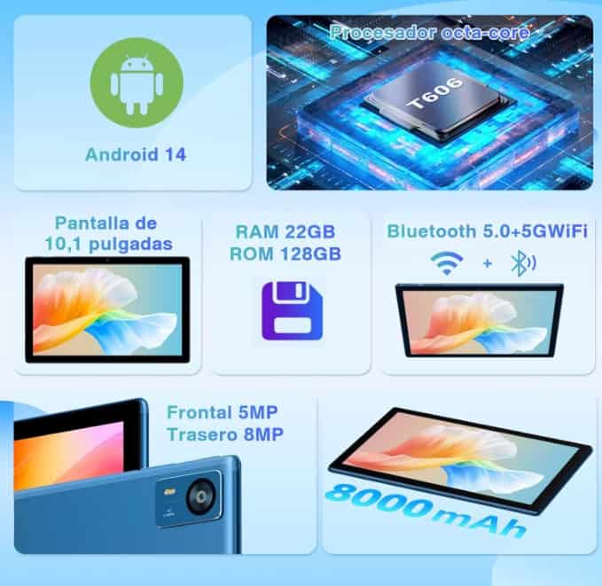 SUAAT Tablet 2025 Newest Android 14 Tableta 10 Pulgadas 22GB RAM+128GB