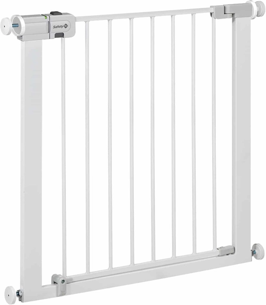 Safety 1st Secure Tech Metal Barrera de seguridad niños, metálica para puertas y escaleras con apertura de 73-80 cm, extensible hasta 136 cm con extensiones que se venden por separado, color blanco