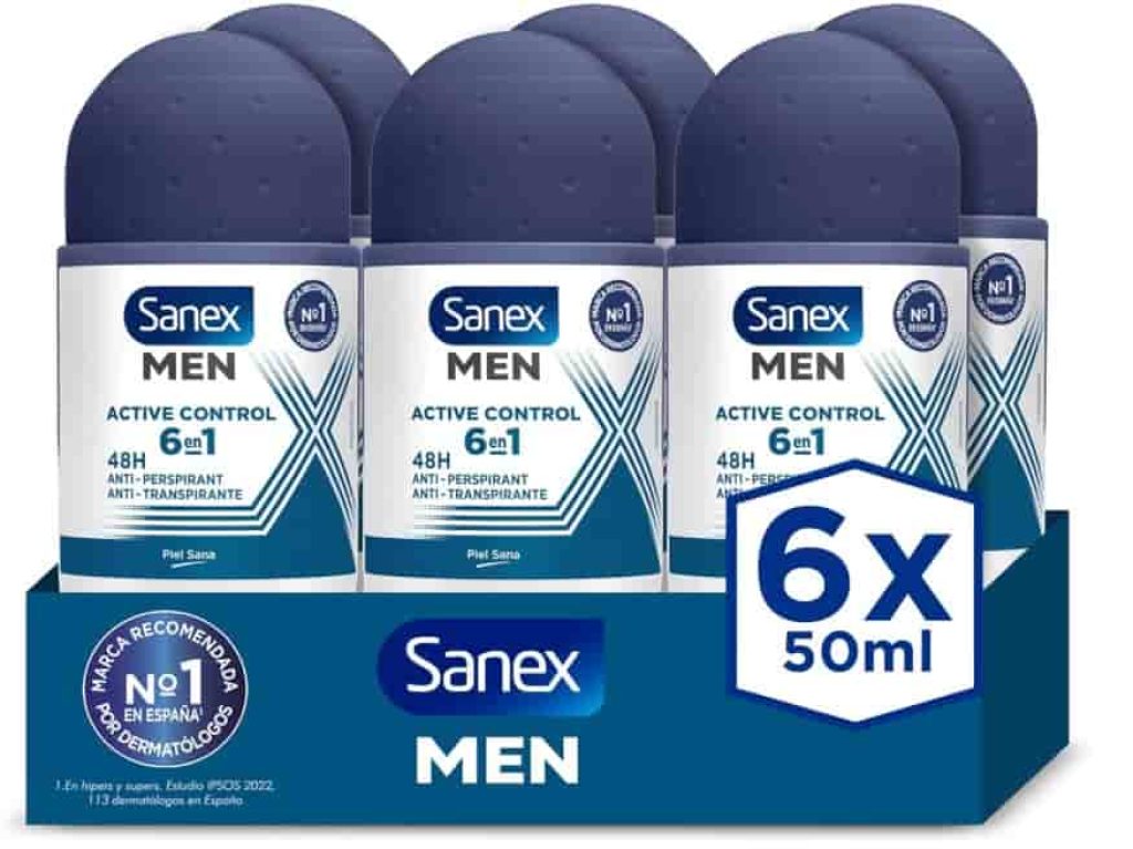 Sanex Men Active Control Desodorante Roll-On para Hombre, Pack 6 Uds x 50 ml, Protección 48H, Antitranspirante, Anti Irritación, 0% Alcohol, Combate el Mal Olor, Larga Duración