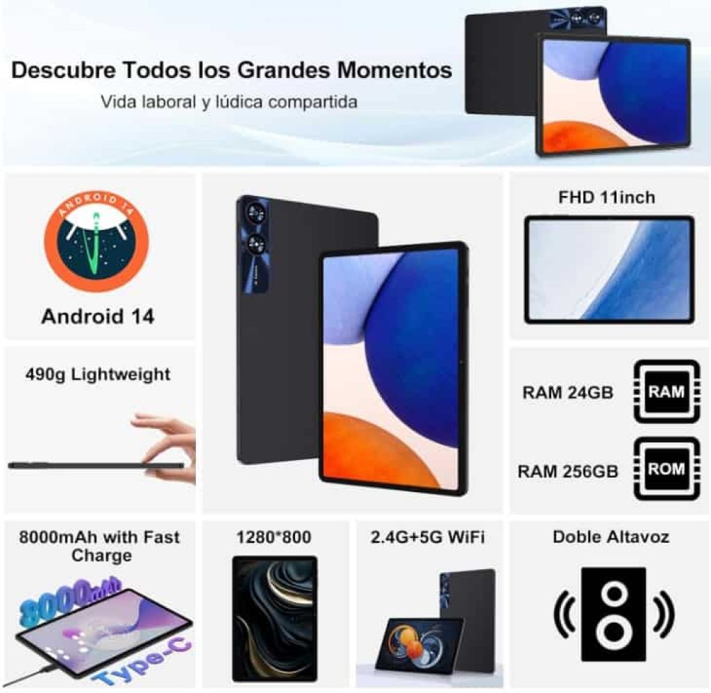 Tablet 11 Pulgadas Tablet Android 14 24GB RAM 256GB ROM (1TB TF), Tablet Widevine L1, 5G WiFi,  5MP+13MP, Facial ID, Tablet con Funda