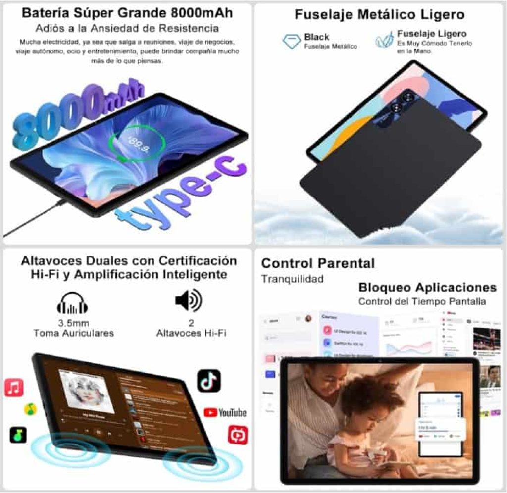 Tablet 11 Pulgadas Tablet Android 14 24GB RAM 256GB ROM (1TB TF), Tablet Widevine L1, 5G WiFi,  5MP+13MP, Facial ID, Tablet con Funda