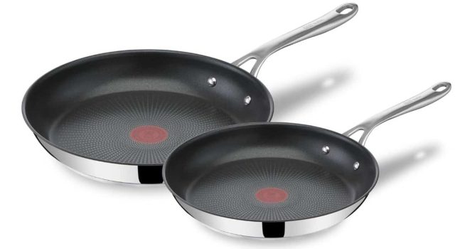 Tefal E304S244 Jamie Oliver, 2 Sartenes de acero inoxidable, Antiadherentes, Reforzadas con Titanio, Thermo-Signal, Libre PFOA, 24 y 28 cm