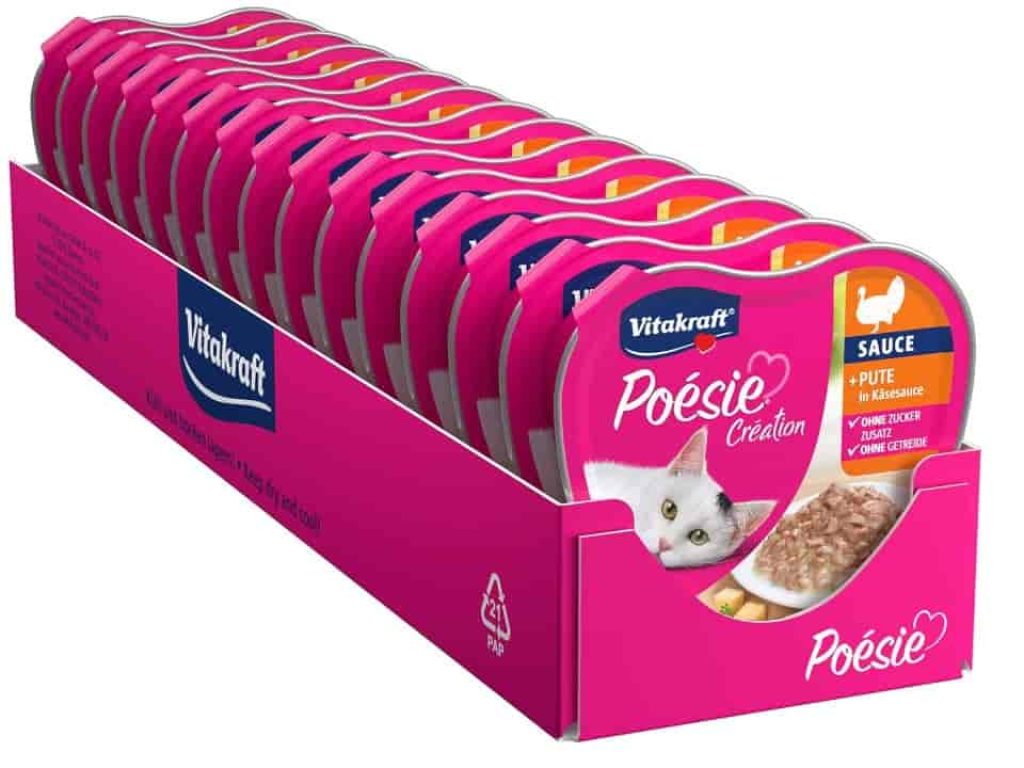 Vitakraft Poésie Création Comida húmeda para Gatos, Comida para Gatos, con Pavo en Salsa de Queso, canapés en Salsa Fina, para Gatos Adultos, sin azúcar añadida (15 x 85 g)