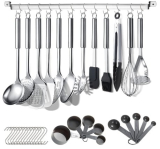 Berglander Juego de utensilios de cocina de 38 piezas de acero inoxidable, utensilios de cocina con soporte para utensilios y ganchos para colgar aptos para lavavajillas