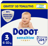 Dodot Pañales Bebé Sensitive, Talla 3 (6-10 kg), 224 Pañales + 1 Pack de 10 Toallitas Gratis