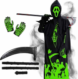 FORMIZON Disfraz Muerte Niño, Disfraz de la Parca Niño, ​Disfraz Esqueleto Niño con Máscara de Calavera, Guantes, Guadaña para Fiesta de Carnaval de Halloween Cosplay