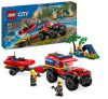 Lego City Camión de Bomberos 4×4 con Barco de Rescate de Juguete para Niños y Niñas de 5 Años o Más, Lancha Motora, Remolque, Tienda de Campaña y Minifiguras de Excursionista y 2 Bomberos 60412