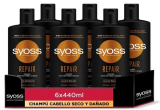 Syoss – Champú para pelo seco y dañado – gama Repair – 6uds de 440Ml (2.640ml) – Repara en profundidad y protege el cabello