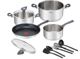 Tefal Daily Cook – Batería de cocina con Sartén, ollas y cazo de acero inoxidable, tecnología Thermospot, tapas de cristal más 5 accesorios de cocina