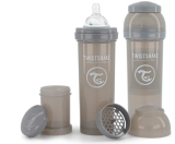 Twistshake Biberón Anticólico Con Contenedor De Leche En Polvo Y Mezclador (Pack 2) – 330ml | Tetina De Silicona De Flujo Rápido | Biberón Sin BPA | 4+ Meses | Gris